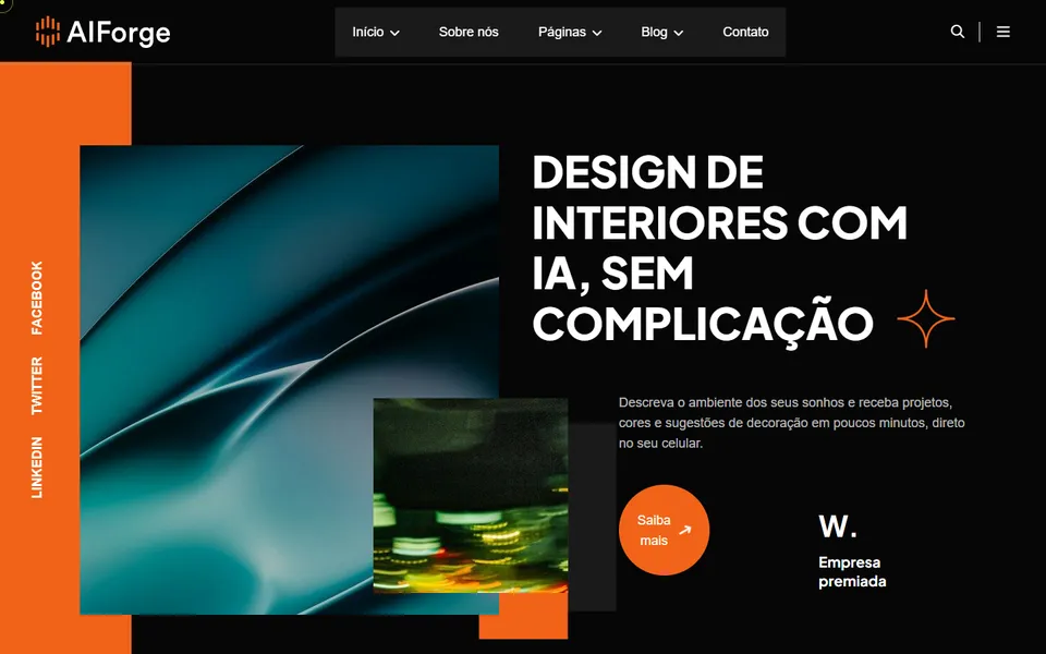 Página inicial do modelo de site AIForge Interiores, para arquitetura e interiores