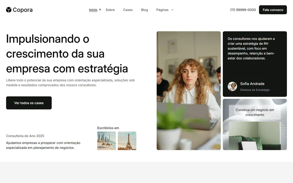 Página inicial do modelo de site Copora, para corporativo e consultoria