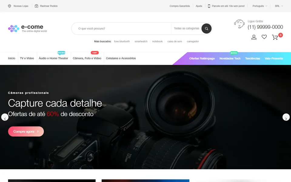 Página inicial do modelo de site E-Come Câmeras, para loja virtual