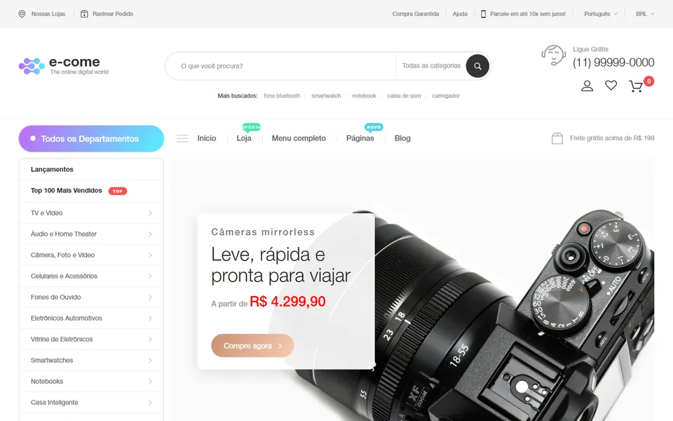 Página inicial do modelo de site E-Come Tech, para loja virtual