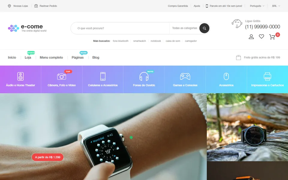 Página inicial do modelo de site E-Come Wearables, para loja virtual