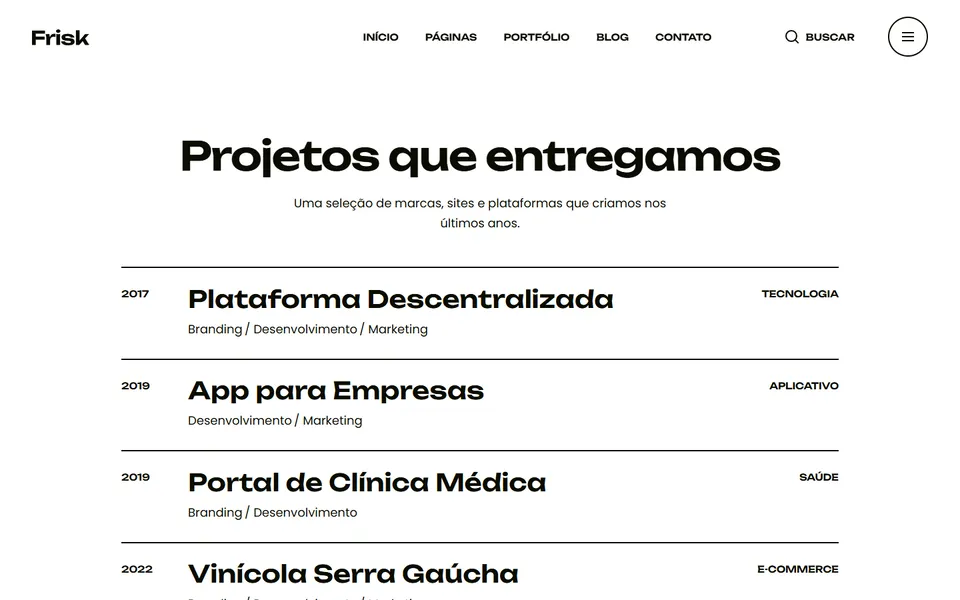 Página inicial do modelo de site Frisk Projetos, para portfólio pessoal