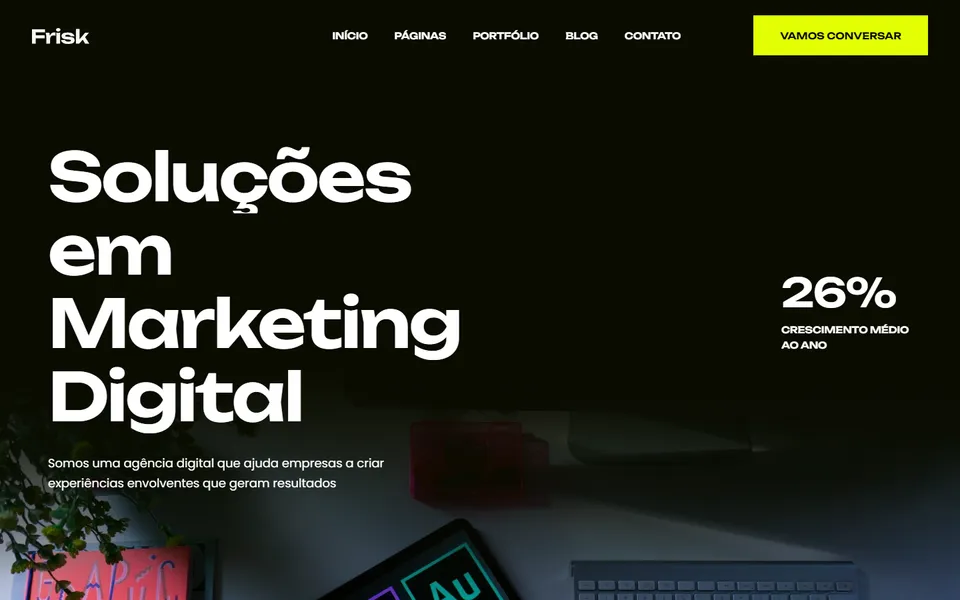 Página inicial do modelo de site Frisk Performance, para agência e marketing