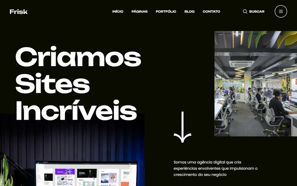 Página inicial do modelo de site Frisk Sites, para agência e marketing