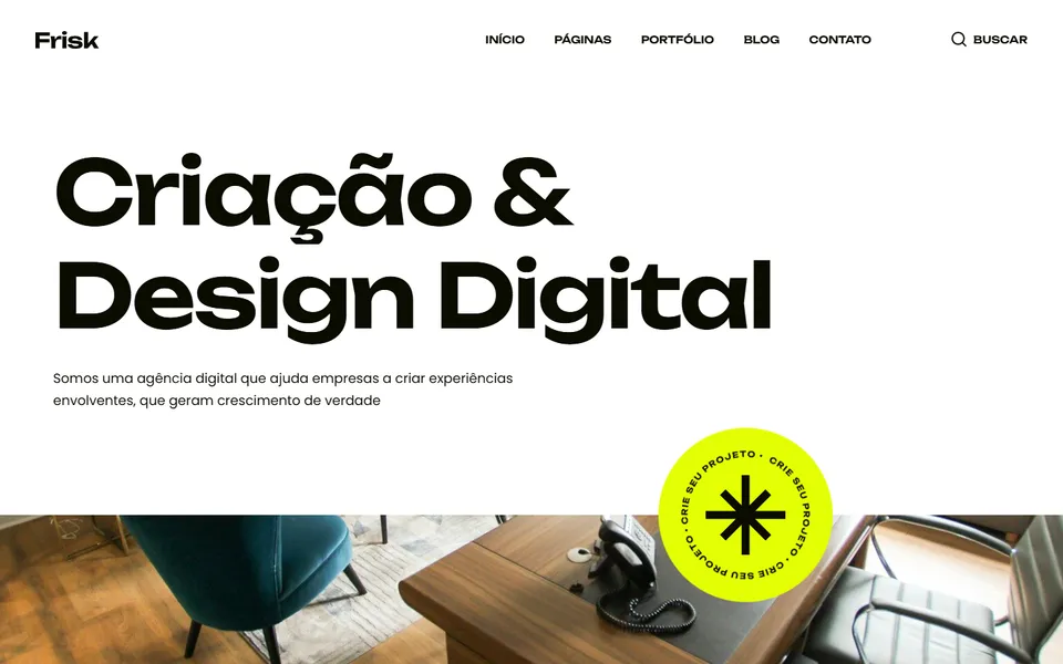 Página inicial do modelo de site Frisk Design, para agência e marketing