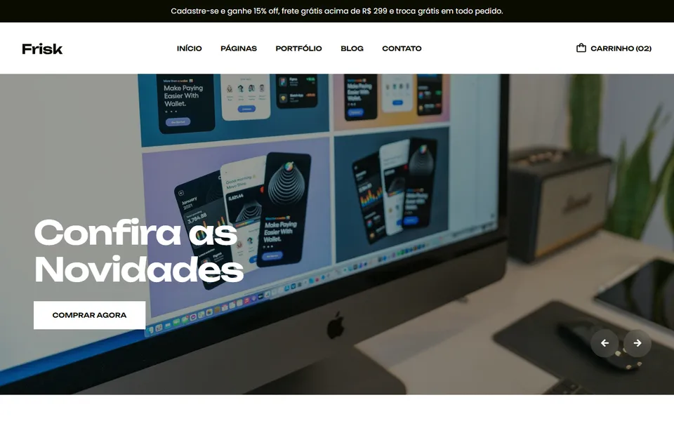 Página inicial do modelo de site Frisk Moda, para loja virtual