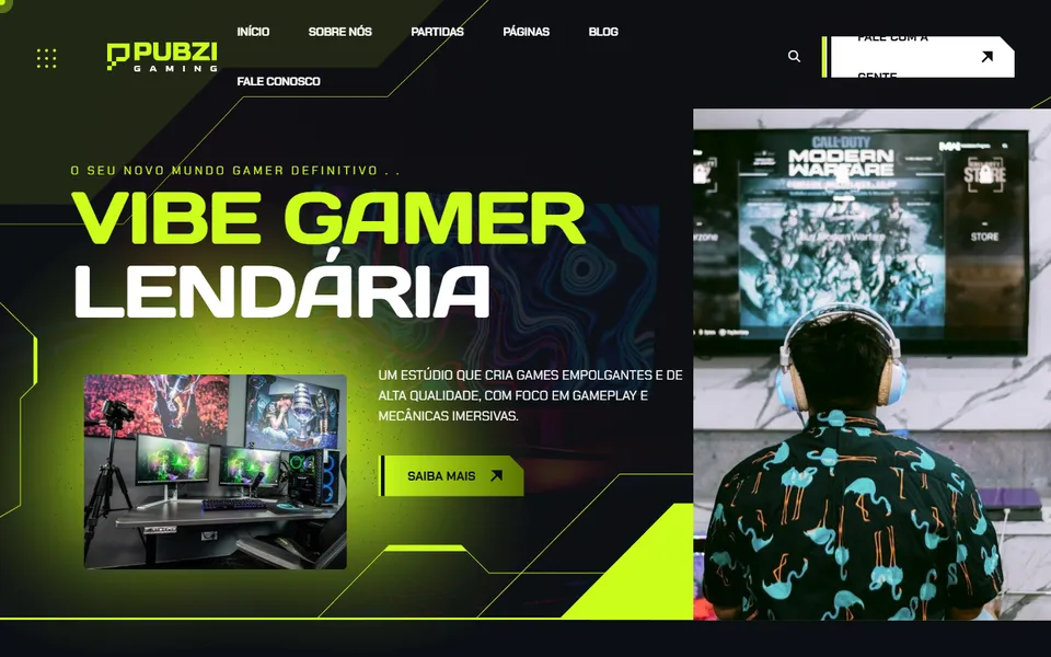 Página inicial do modelo de site Pubzi Legends, para games e esportes