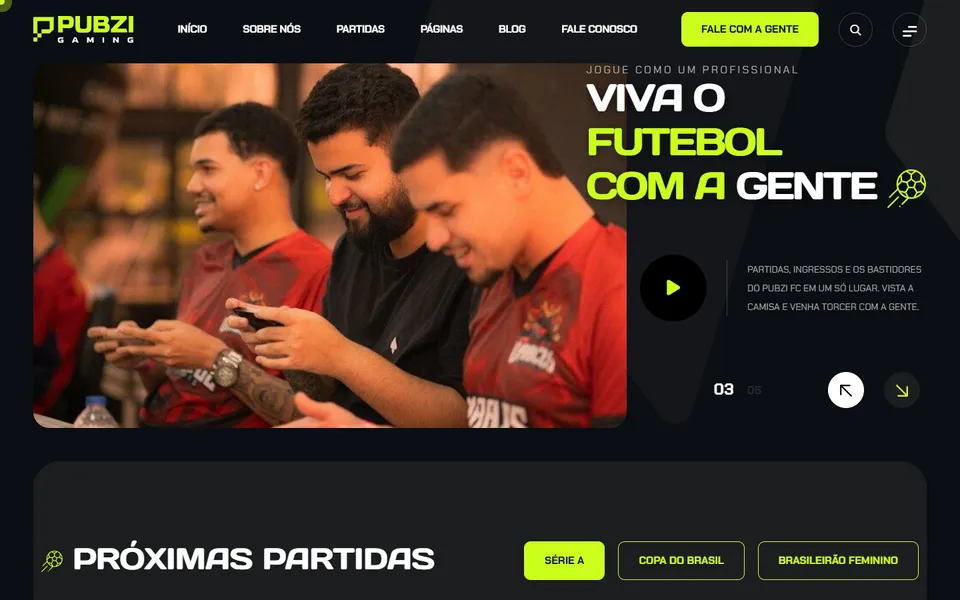 Página inicial do modelo de site Pubzi FC, para games e esportes