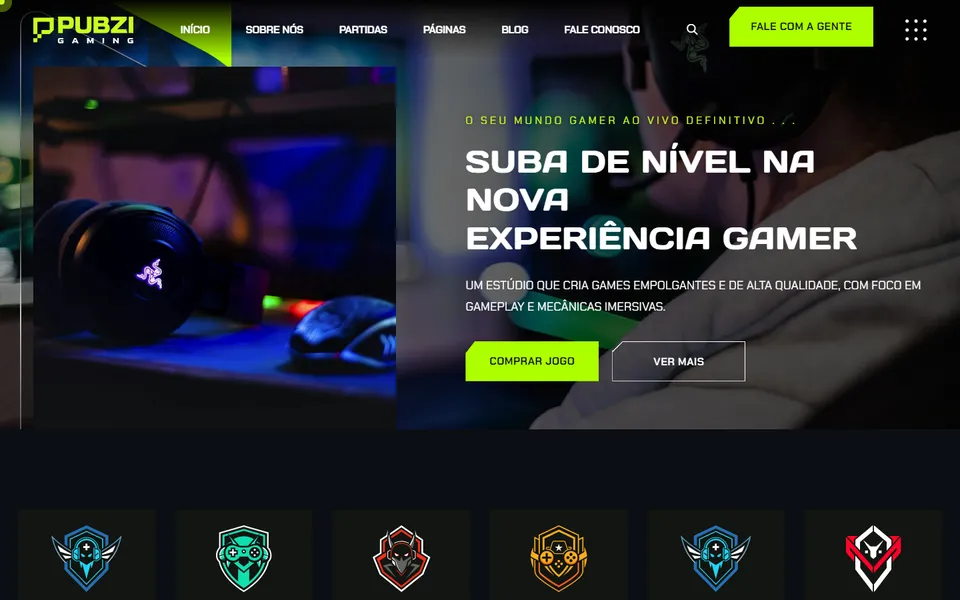 Página inicial do modelo de site Pubzi Arena, para games e esportes