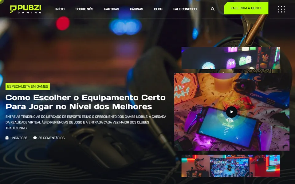 Página inicial do modelo de site Pubzi News, para games e esportes