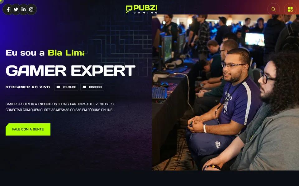 Página inicial do modelo de site Pubzi Streamer, para games e esportes