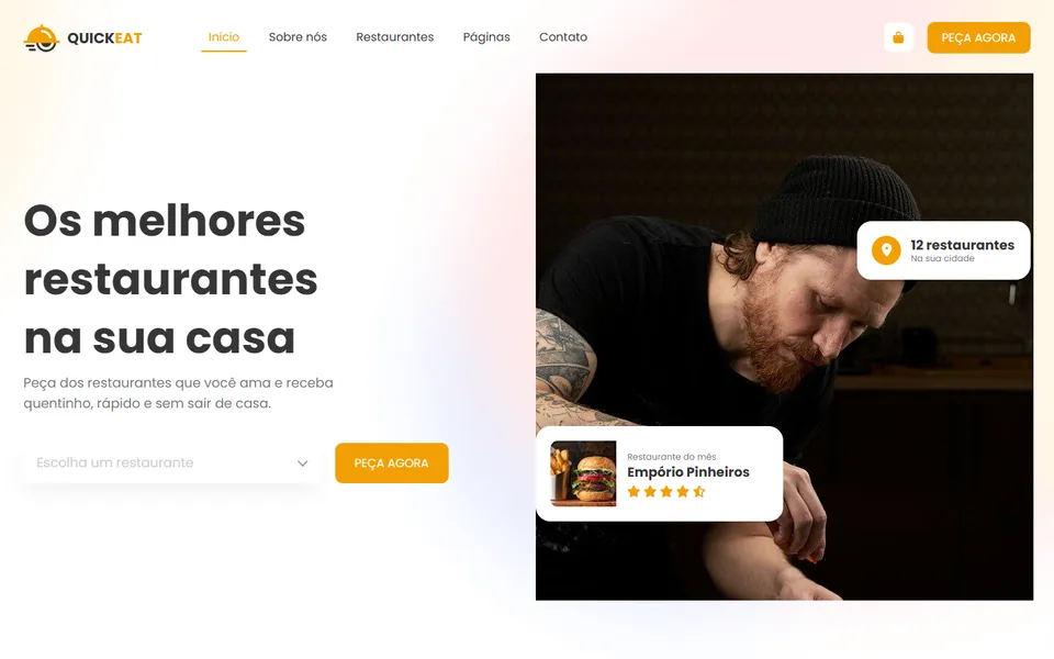 Página inicial do modelo de site QuickEat, para restaurante e delivery