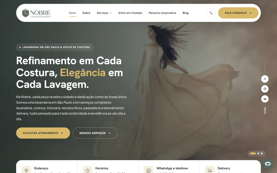Página inicial do site Nobre Costura & Lavanderia no desktop