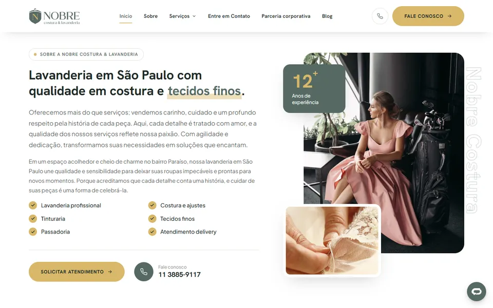 Seção do site Nobre Costura & Lavanderia no desktop